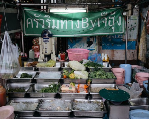 Vibrant Thai street food stall with fresh ingredients